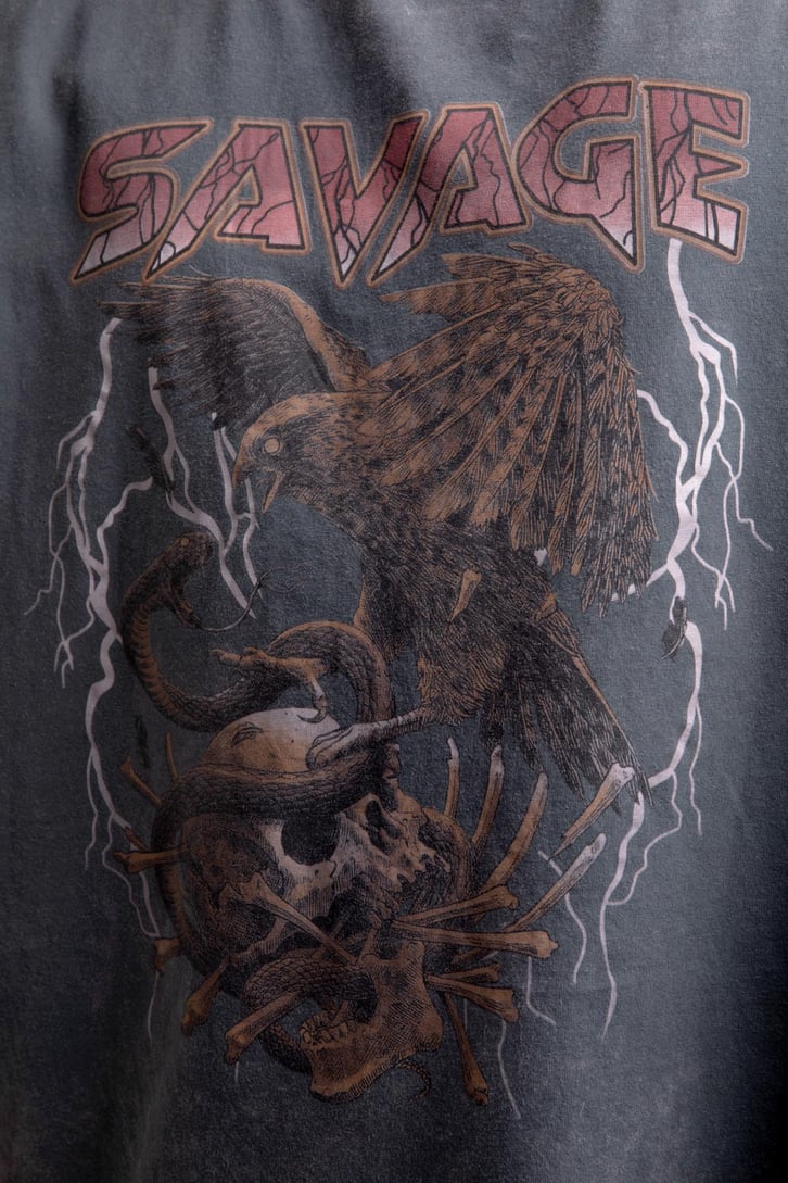 Savage Baskılı Acid Wash Oversize Tshirt