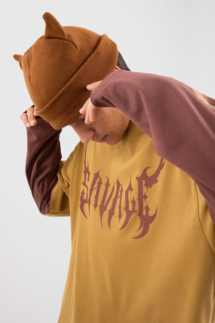 Savage Baskılı Hardal Oversize Long Sleeve Tişört