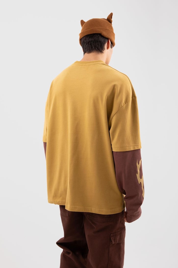 Savage Baskılı Hardal Oversize Long Sleeve Tişört