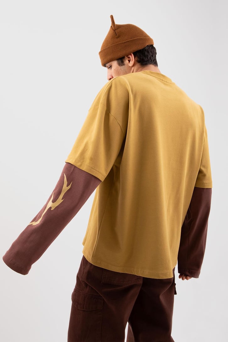 Savage Baskılı Hardal Oversize Long Sleeve Tişört