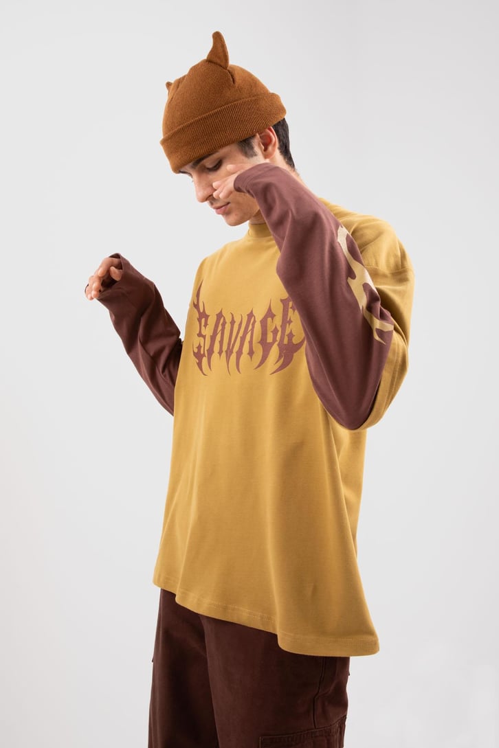 Savage Baskılı Hardal Oversize Long Sleeve Tişört