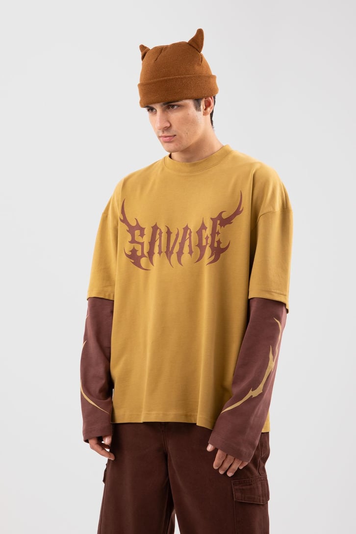 Savage Baskılı Hardal Oversize Long Sleeve Tişört