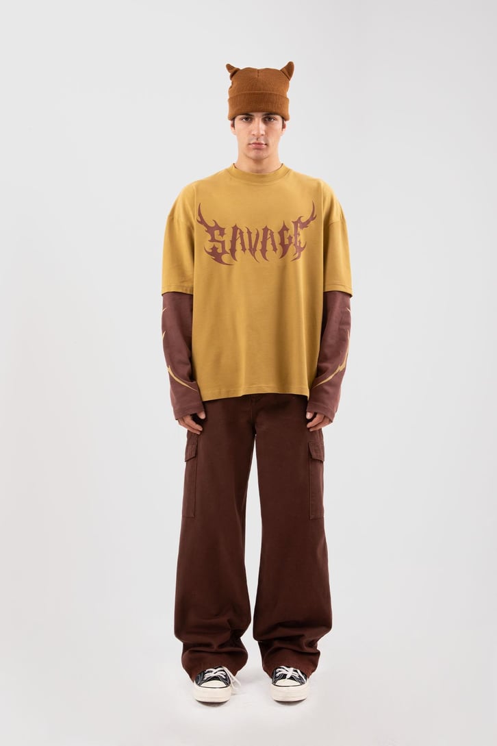 Savage Baskılı Hardal Oversize Long Sleeve Tişört
