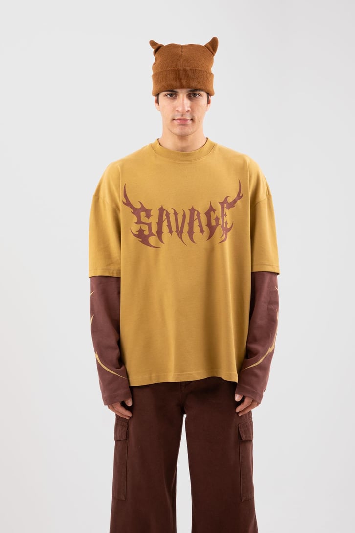 Savage Baskılı Hardal Oversize Long Sleeve Tişört