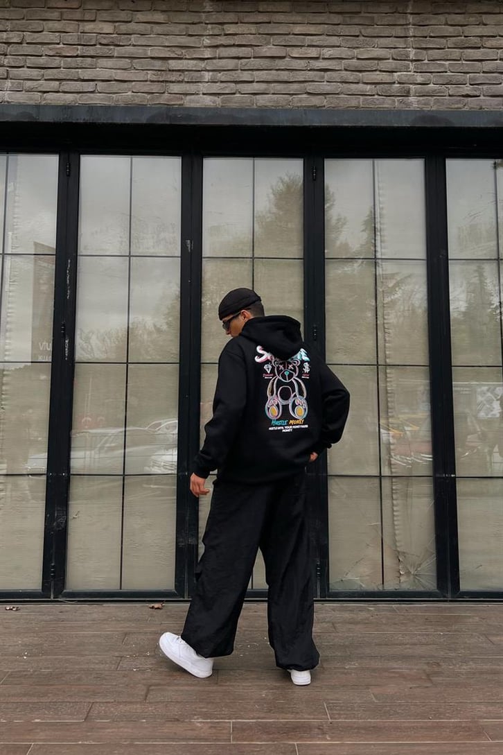 Savage Bear Sırt Baskılı Siyah İçi Pamuklu Oversize Hoodie