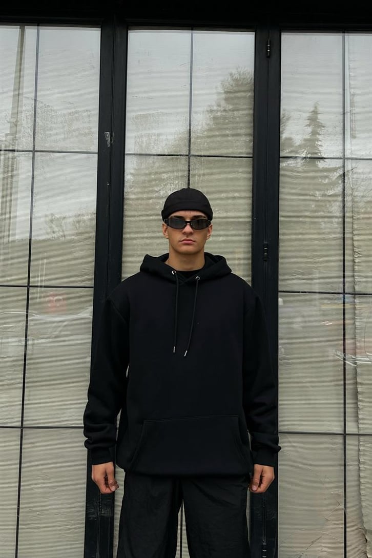 Savage Bear Sırt Baskılı Siyah İçi Pamuklu Oversize Hoodie