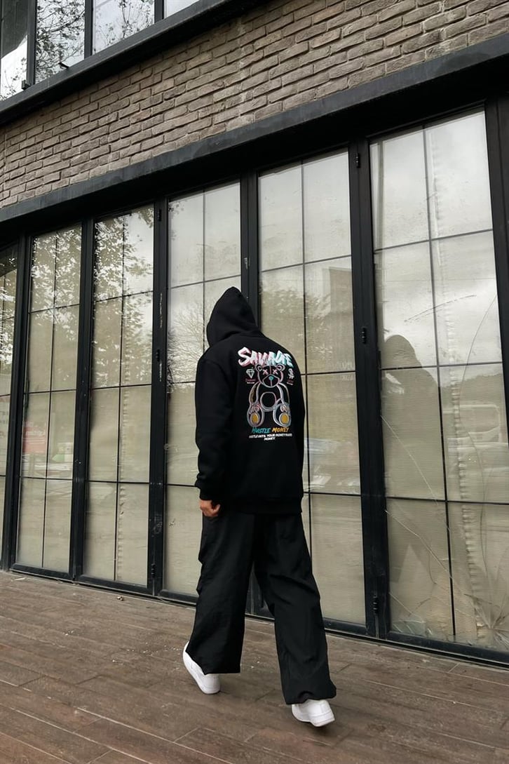 Savage Bear Sırt Baskılı Siyah İçi Pamuklu Oversize Hoodie