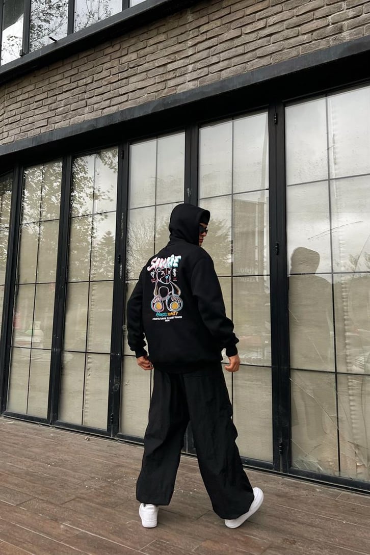 Savage Bear Sırt Baskılı Siyah İçi Pamuklu Oversize Hoodie