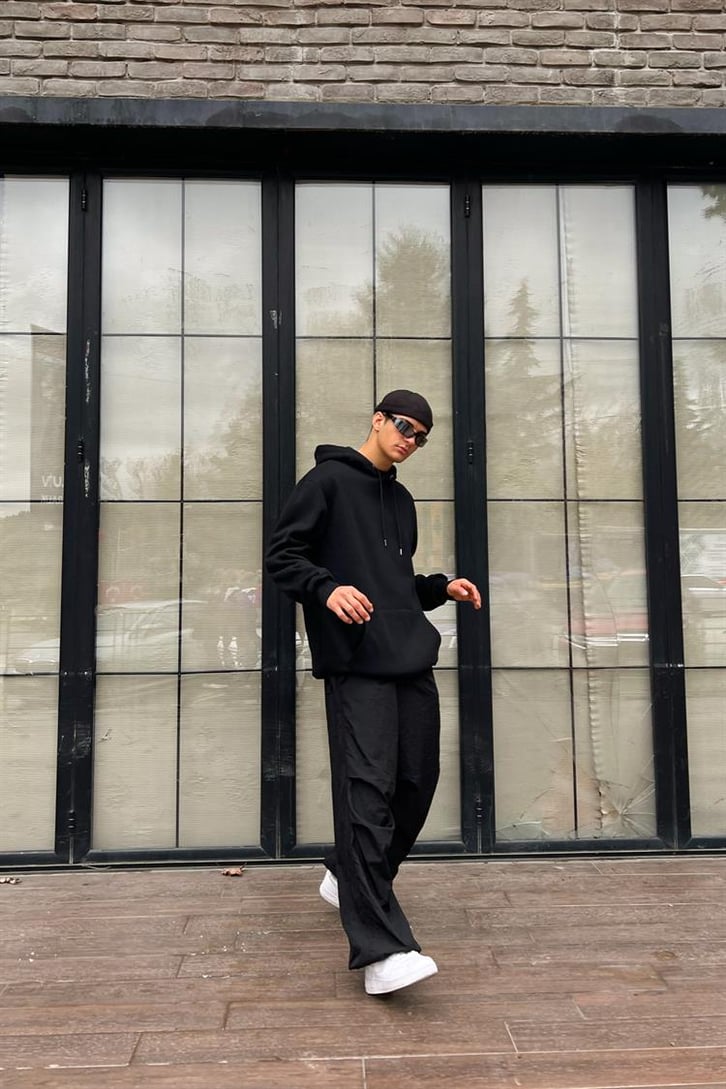 Savage Bear Sırt Baskılı Siyah İçi Pamuklu Oversize Hoodie