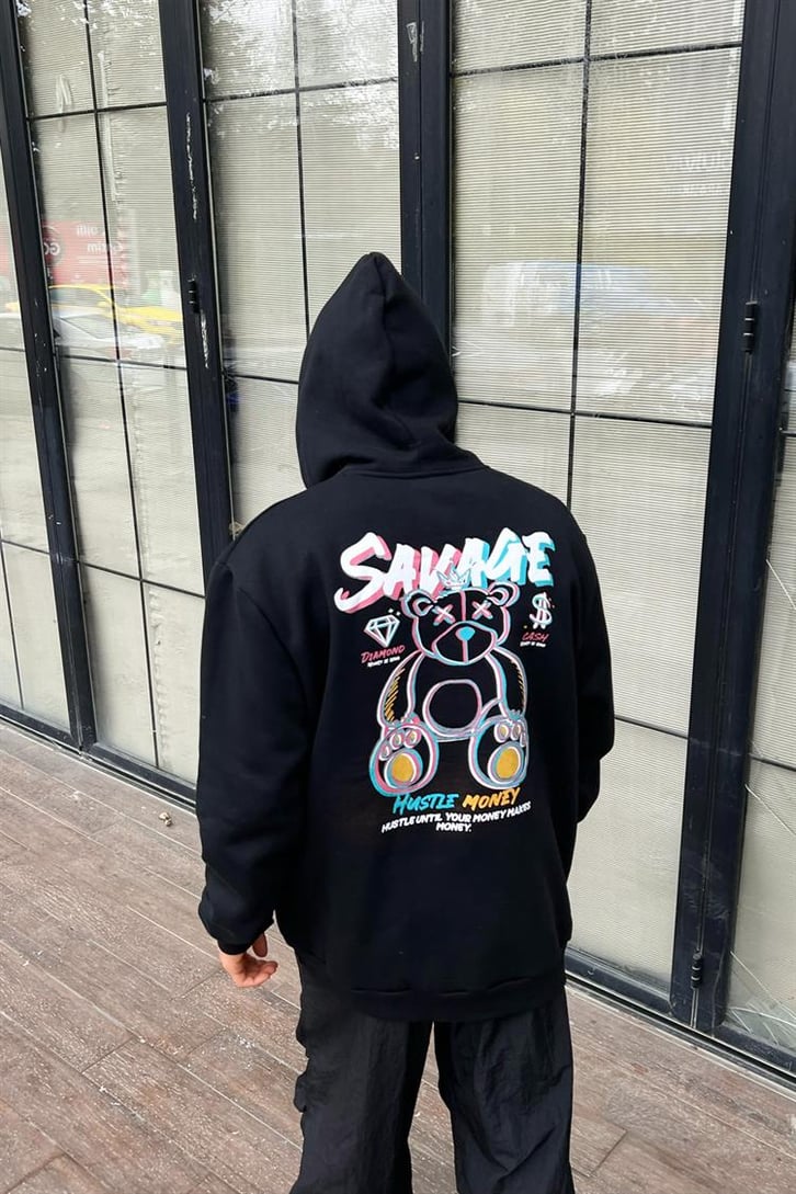 Savage Bear Sırt Baskılı Siyah İçi Pamuklu Oversize Hoodie