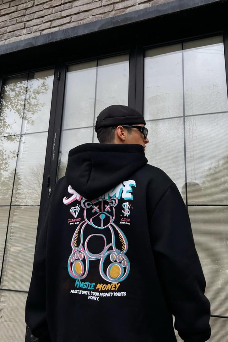 Savage Bear Sırt Baskılı Siyah İçi Pamuklu Oversize Hoodie