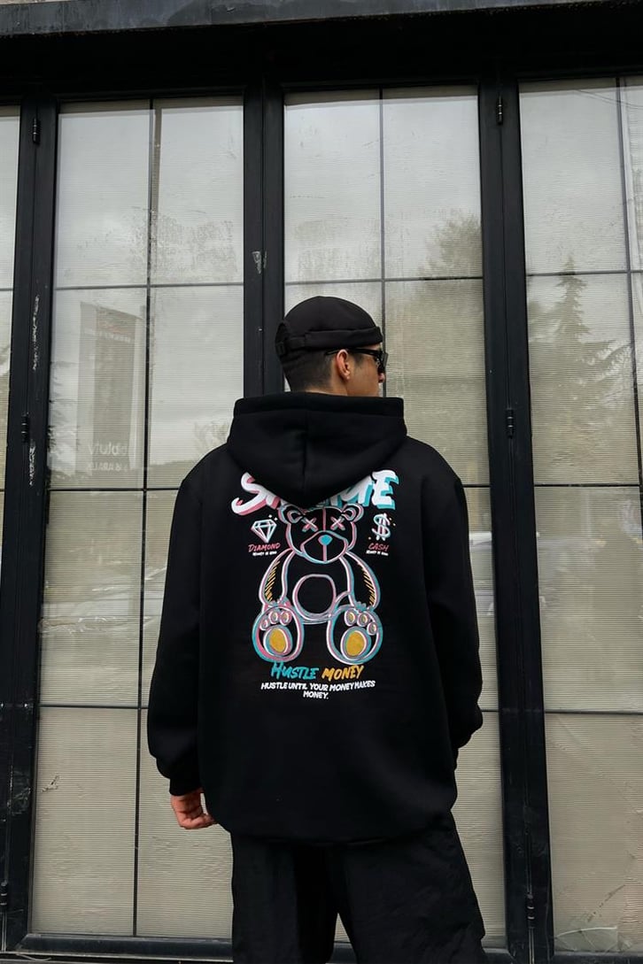 Savage Bear Sırt Baskılı Siyah İçi Pamuklu Oversize Hoodie