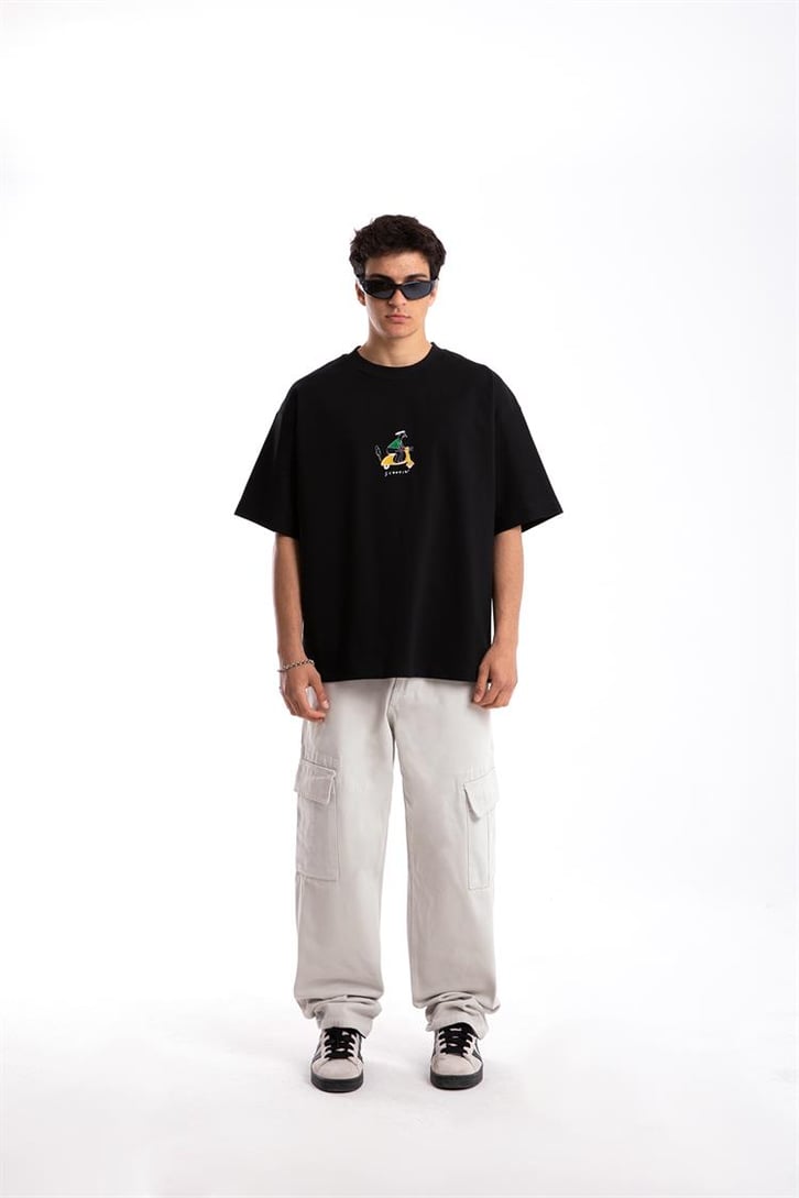 Scootin' Nakışlı Siyah Oversize Tshirt