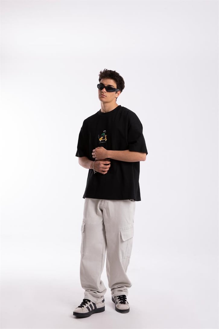 Scootin' Nakışlı Siyah Oversize Tshirt