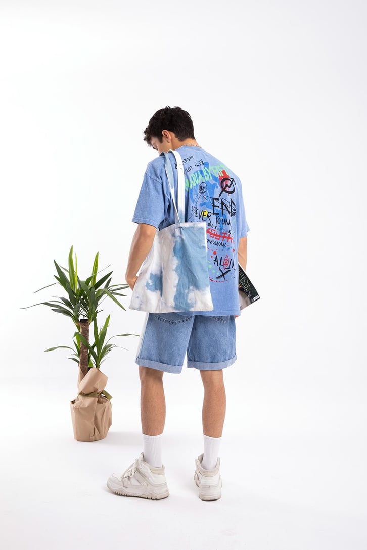 Scribble Sırt Baskılı Mavi Oversize Tshirt