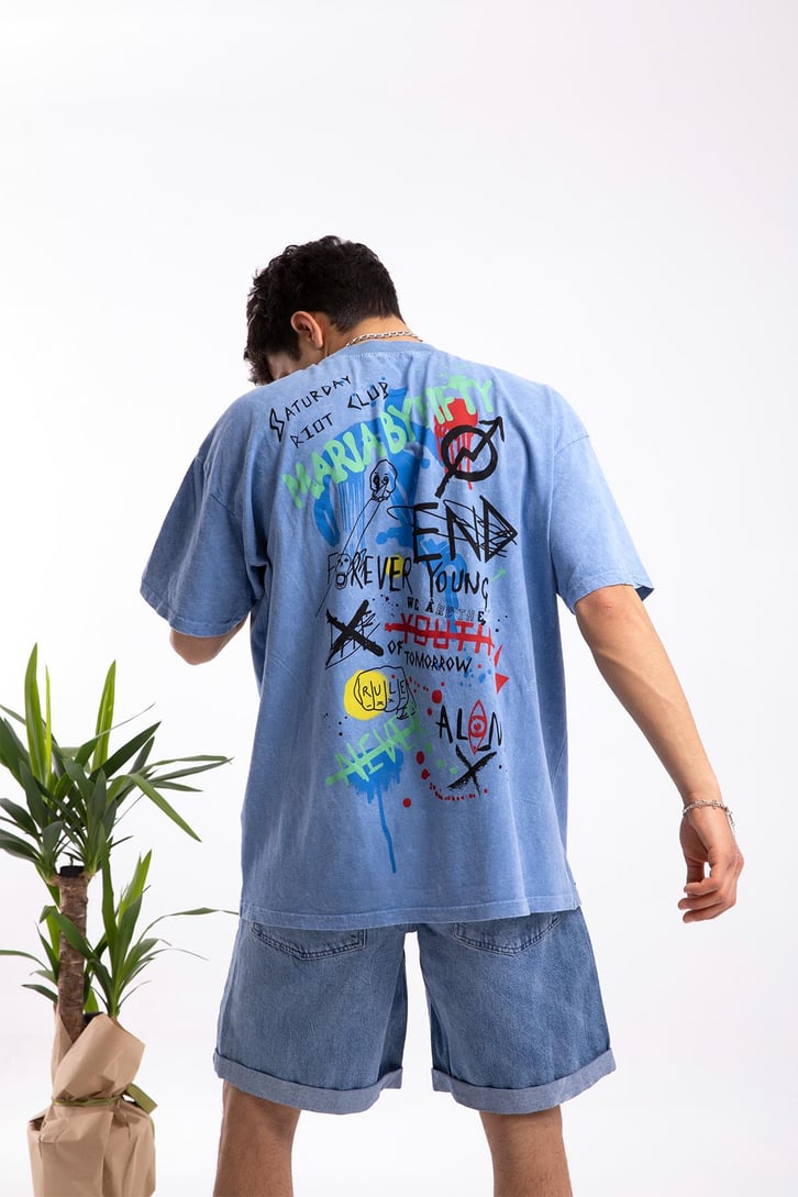 Scribble Sırt Baskılı Mavi Oversize Tshirt