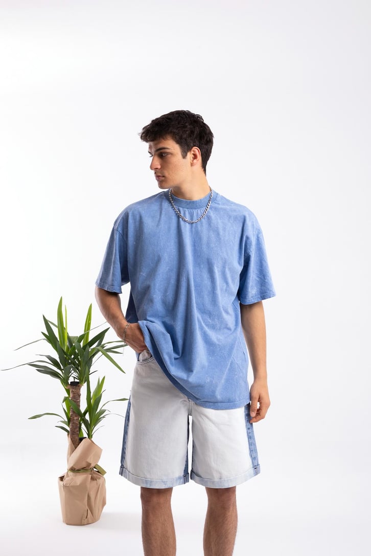 Scribble Sırt Baskılı Mavi Oversize Tshirt