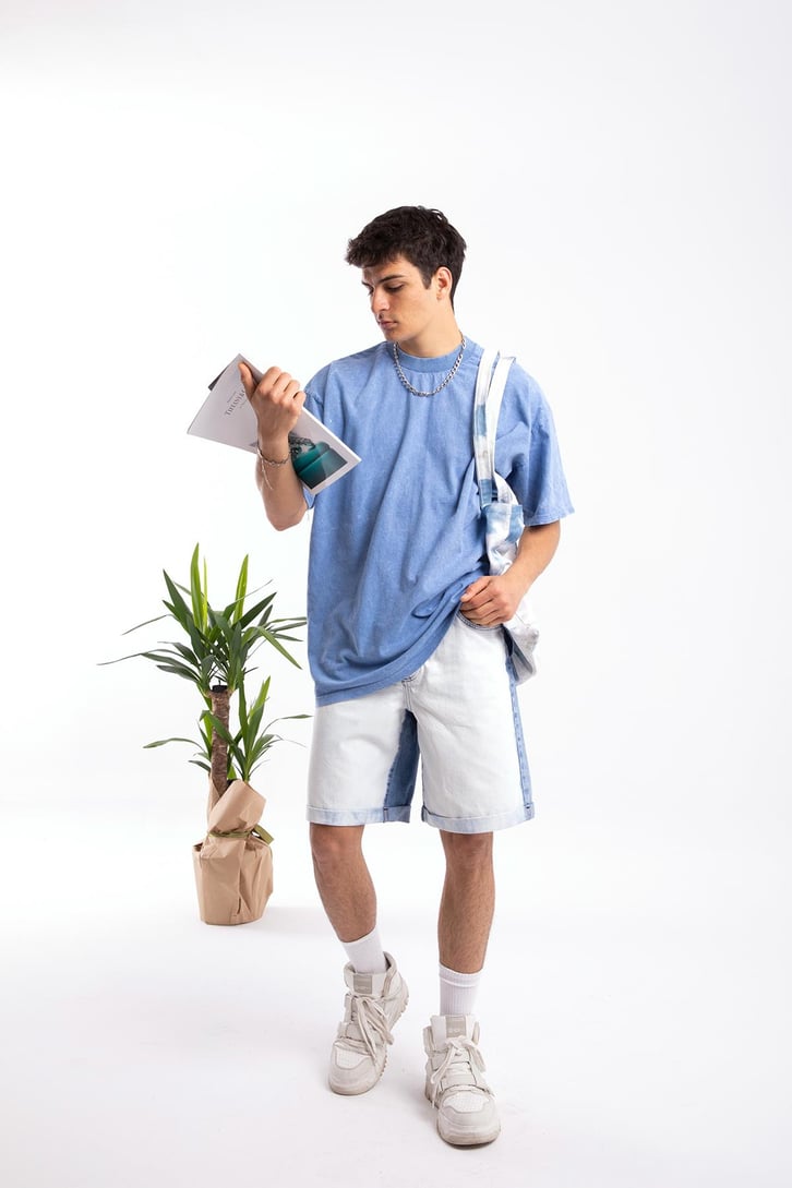 Scribble Sırt Baskılı Mavi Oversize Tshirt