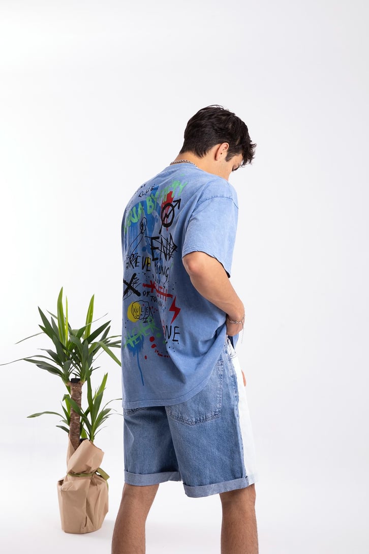 Scribble Sırt Baskılı Mavi Oversize Tshirt