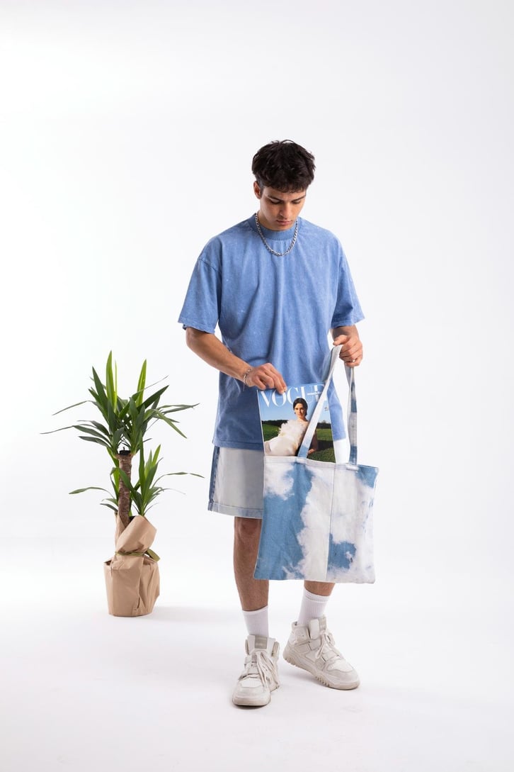 Scribble Sırt Baskılı Mavi Oversize Tshirt