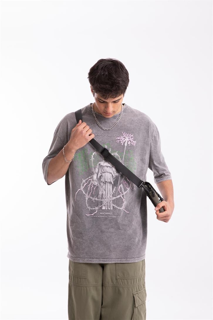Sculpture Baskılı Acid Wash Oversize Tişört