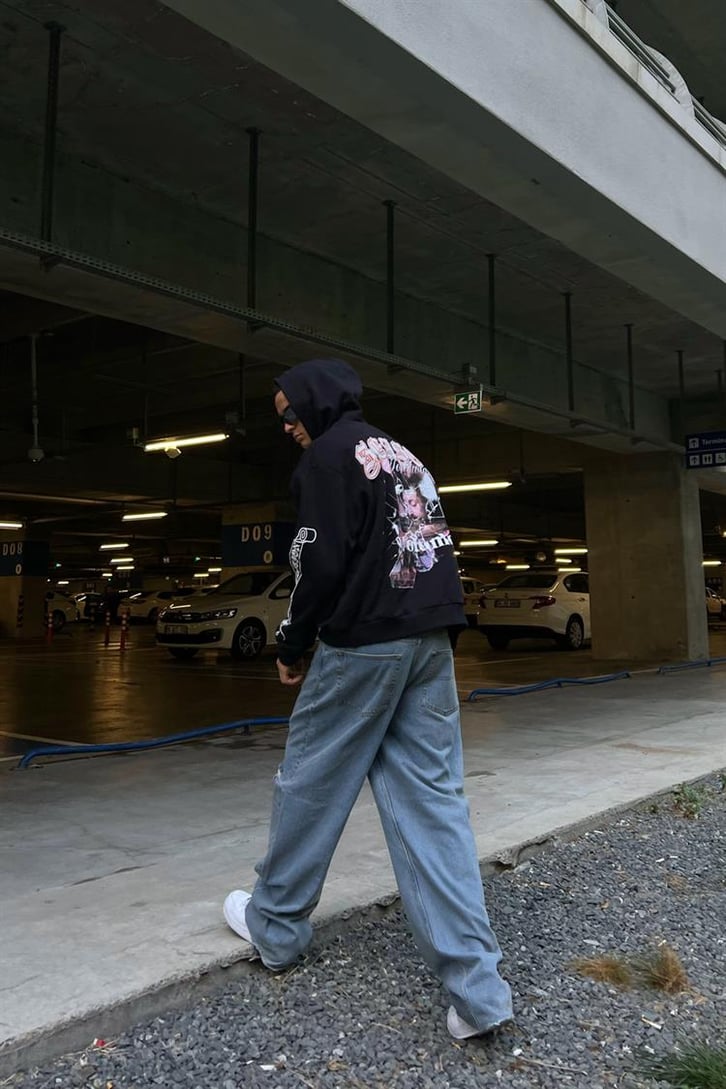 Season Baskılı Siyah İçi Pamuklu Oversize Hoodie