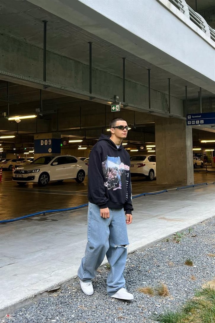 Season Baskılı Siyah İçi Pamuklu Oversize Hoodie