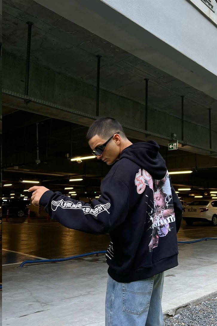 Season Baskılı Siyah İçi Pamuklu Oversize Hoodie
