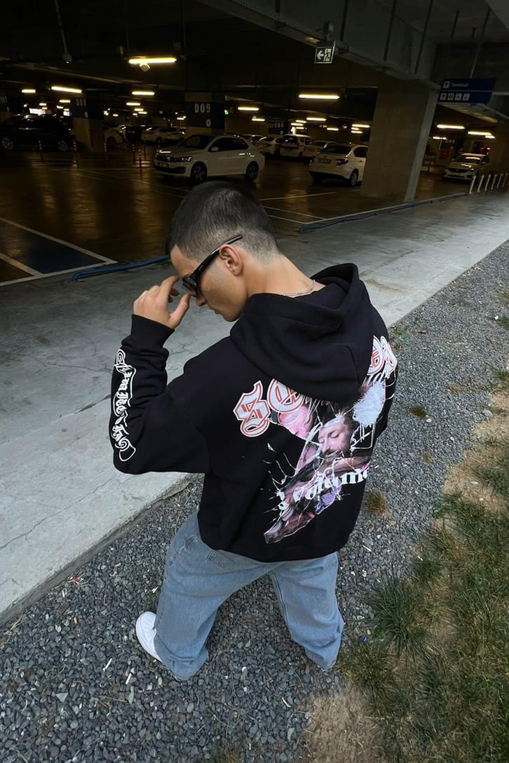 Season Baskılı Siyah İçi Pamuklu Oversize Hoodie