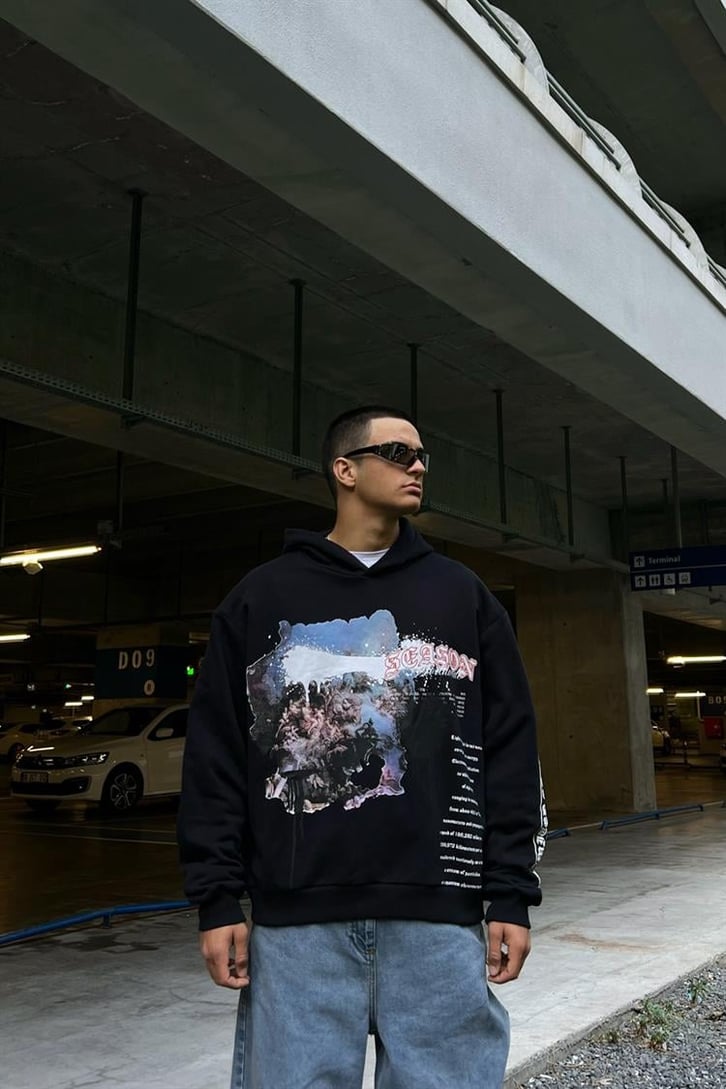 Season Baskılı Siyah İçi Pamuklu Oversize Hoodie