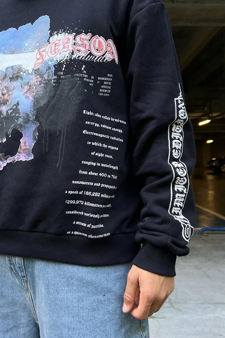 Season Baskılı Siyah İçi Pamuklu Oversize Hoodie