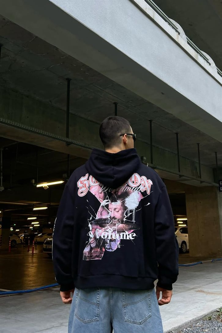 Season Baskılı Siyah İçi Pamuklu Oversize Hoodie