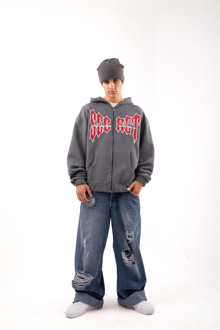 Secret Nakışlı Drips Füme Zip Hoodie