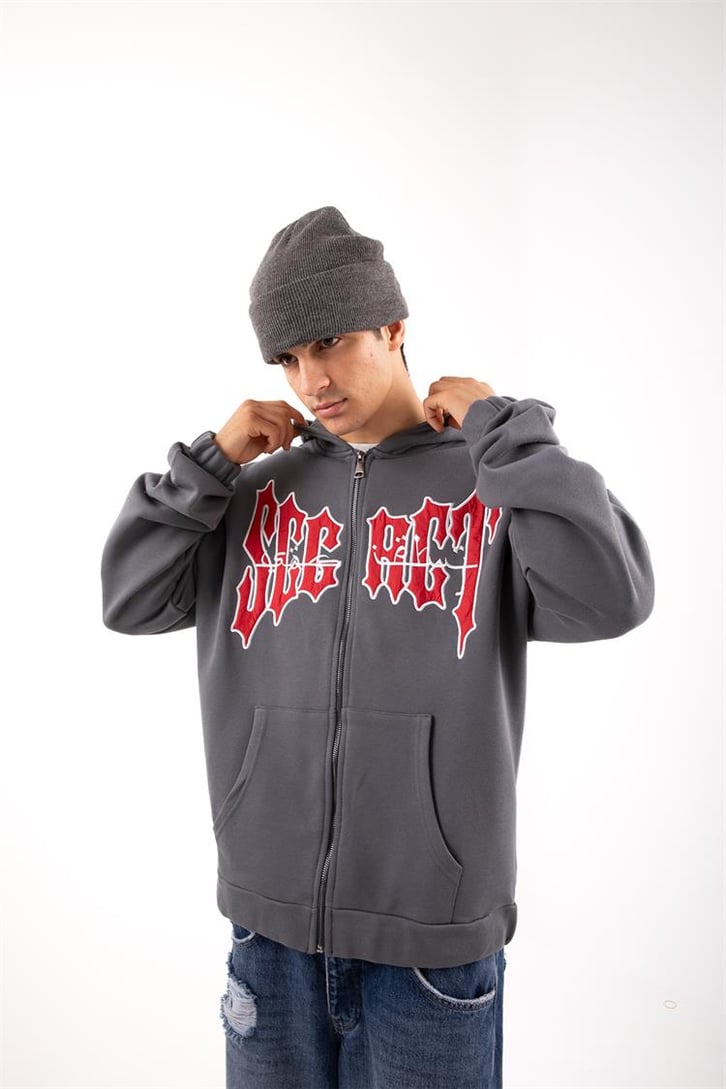 Secret Nakışlı Drips Füme Zip Hoodie