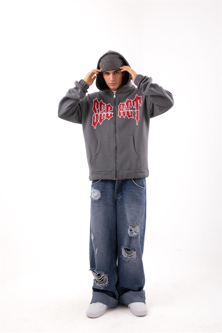 Secret Nakışlı Drips Füme Zip Hoodie