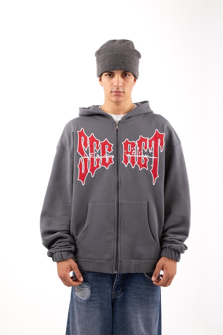 Secret Nakışlı Drips Füme Zip Hoodie