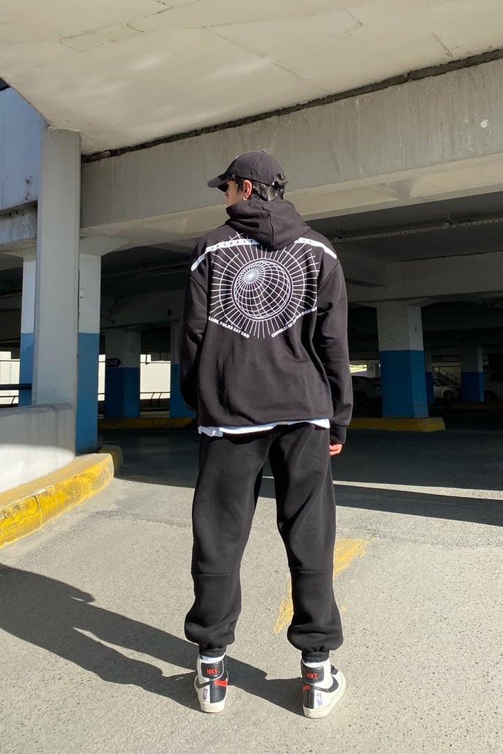 Secret Sun Oversize Printed Siyah Hoodie