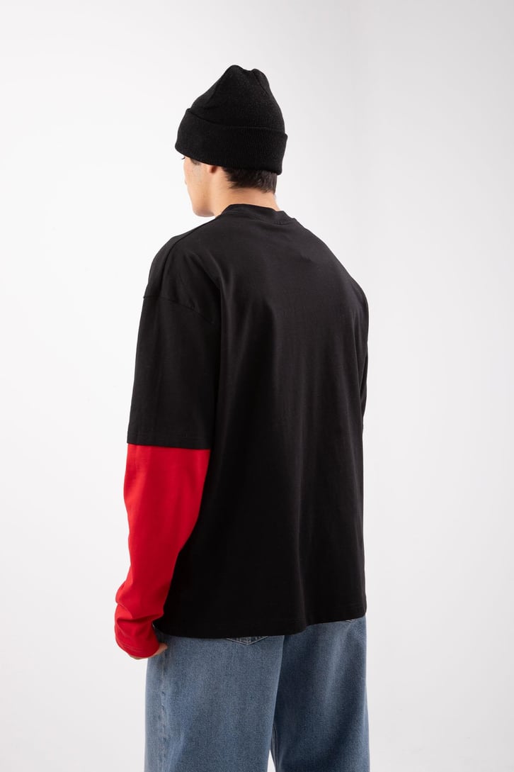 Selfigh Baskılı Siyah Oversize Long Sleeve Tişört