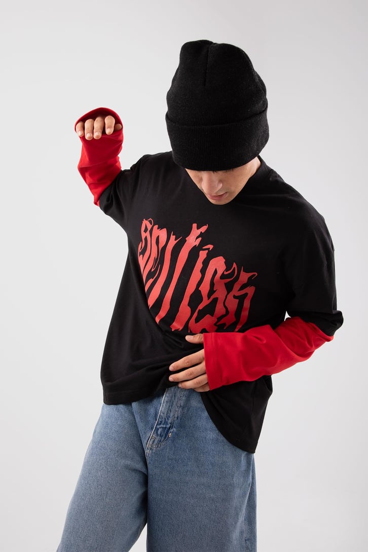 Selfigh Baskılı Siyah Oversize Long Sleeve Tişört
