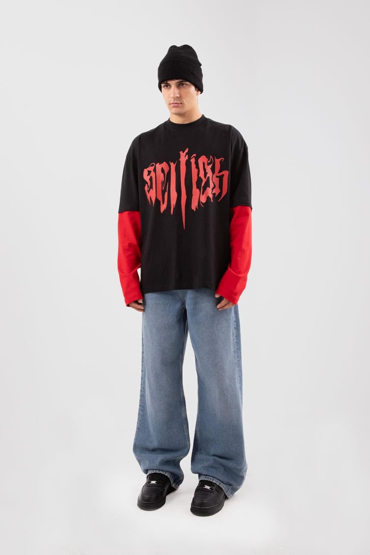 Selfigh Baskılı Siyah Oversize Long Sleeve Tişört
