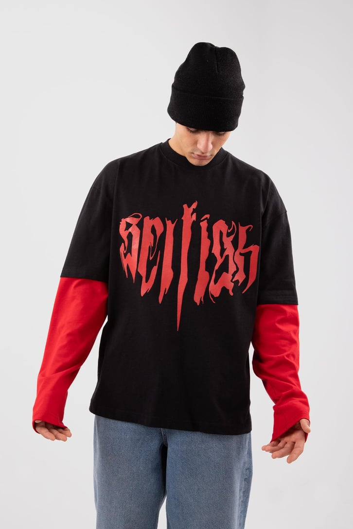 Selfigh Baskılı Siyah Oversize Long Sleeve Tişört