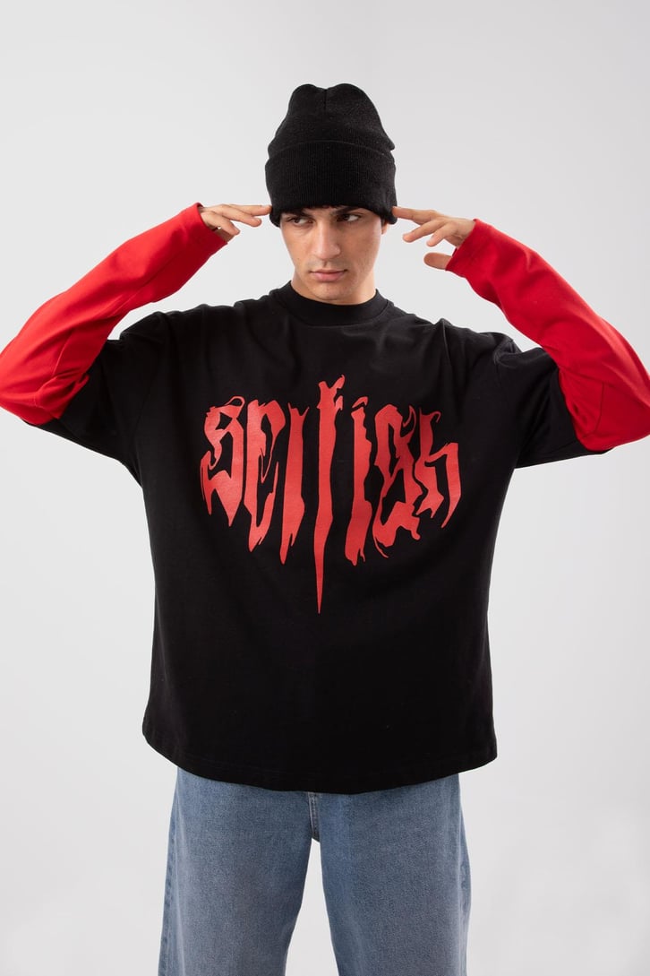 Selfigh Baskılı Siyah Oversize Long Sleeve Tişört