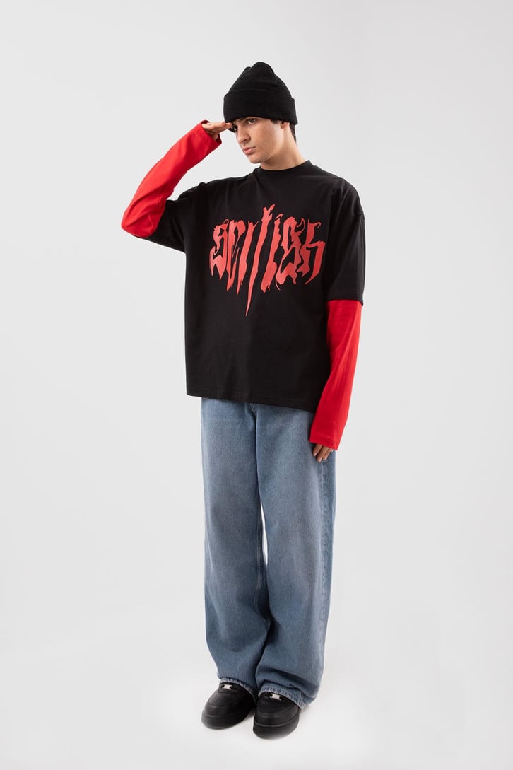 Selfigh Baskılı Siyah Oversize Long Sleeve Tişört