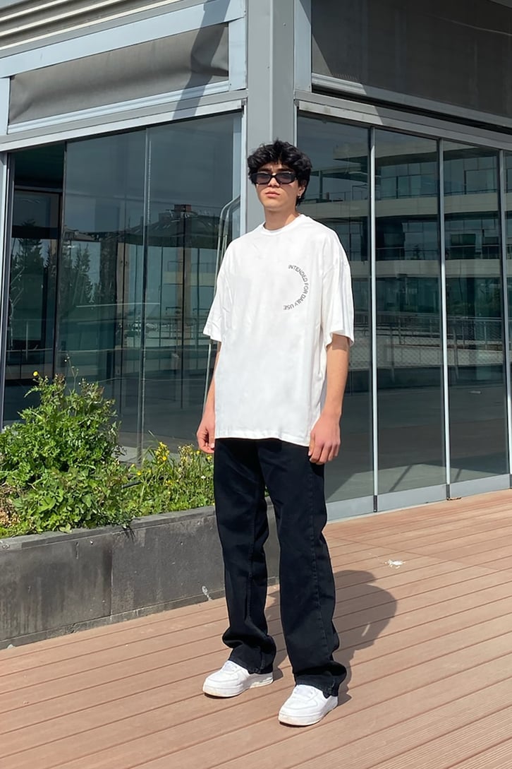 Semi Circle Baskılı Beyaz Oversize Tshirt
