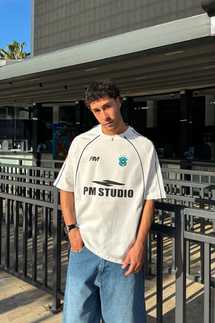 Şeritli Pm Studio Baskılı Tişört