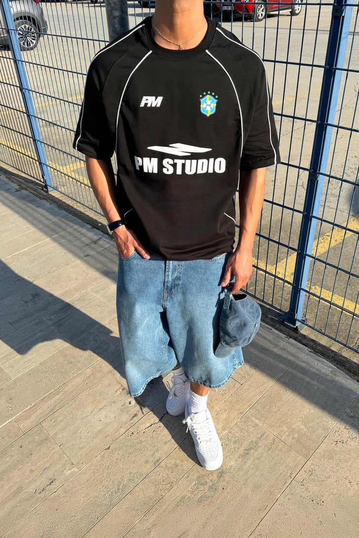 Şeritli Pm Studio Baskılı Tişört