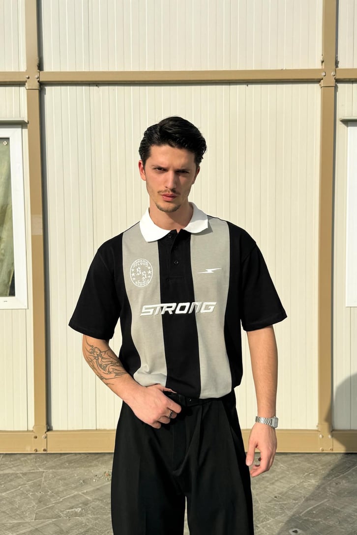 Şeritli Strong Nakışlı Oversize Tişört