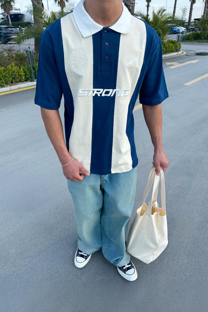Şeritli Strong Nakışlı Oversize Tişört