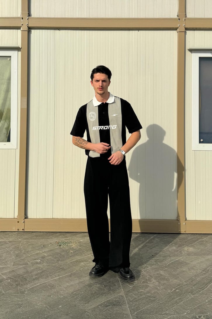 Şeritli Strong Nakışlı Oversize Tişört