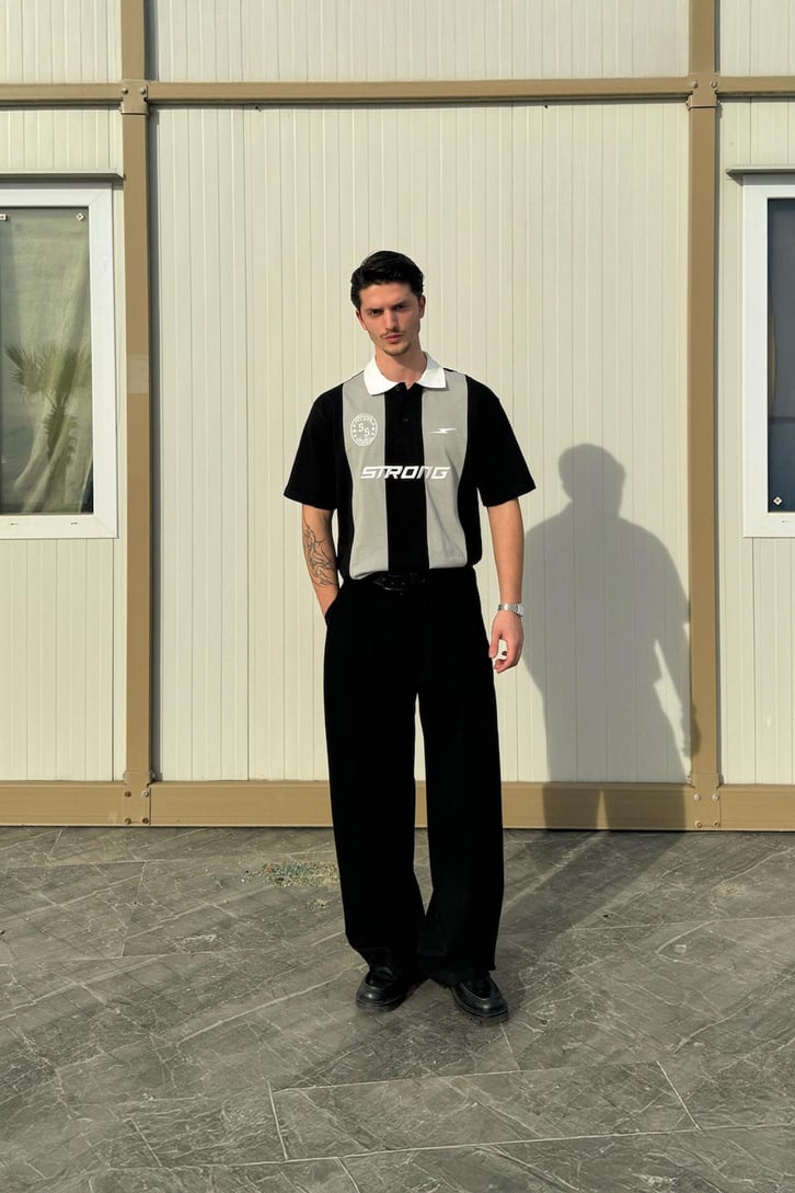 Şeritli Strong Nakışlı Oversize Tişört